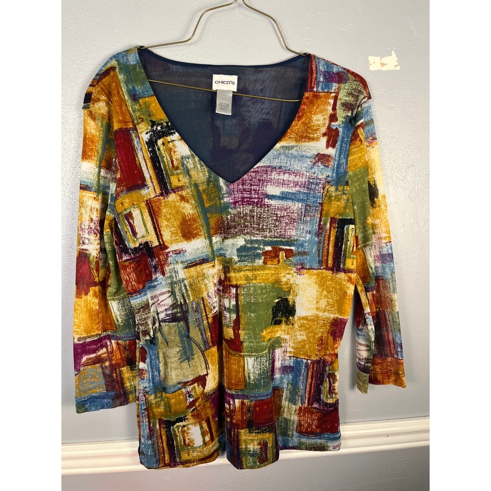 CHICO'S Abstract Mesh Top V-Neck Women Size 2 Large Multicolor Art Print 3/4 Slv